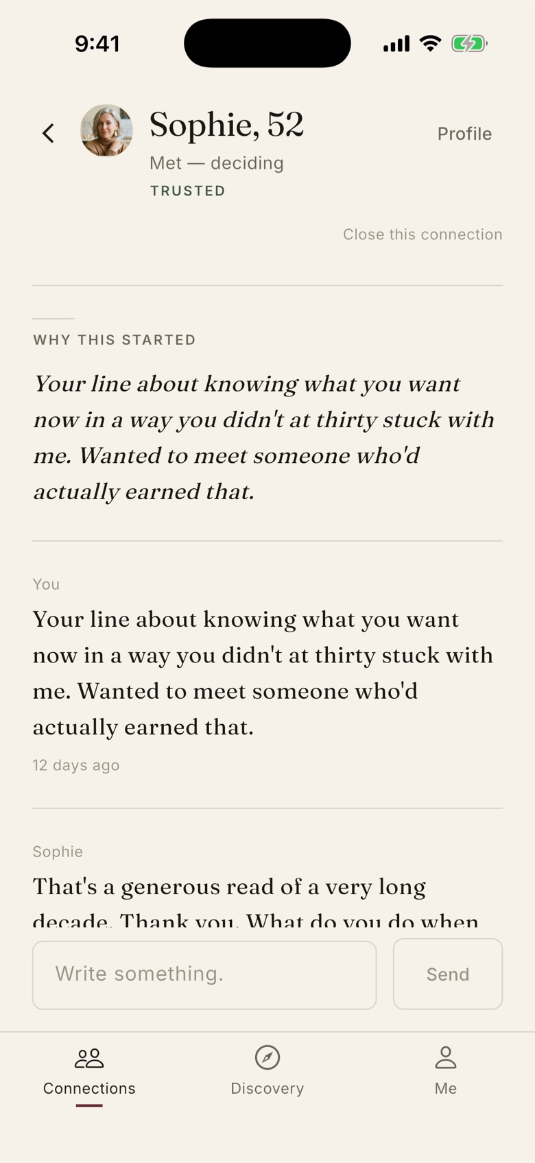 Une conversation intitulée «&nbsp;Why this started&nbsp;», avec des messages en caractères à empattement et sans bulles.